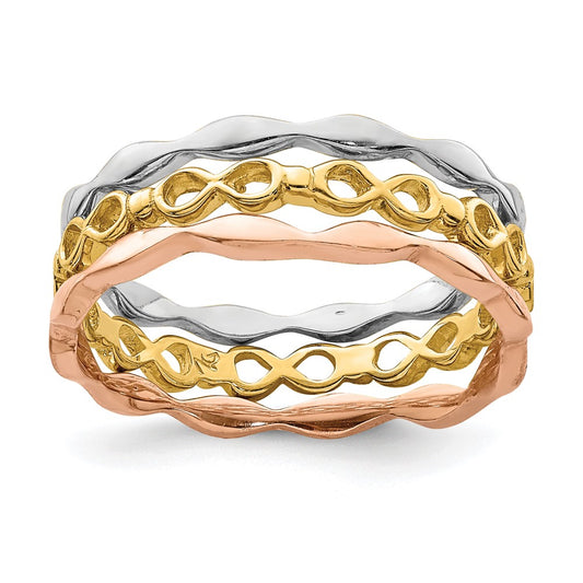 14k Tri-Color Yellow White & Rose Gold Set of 3 Stackable Rings