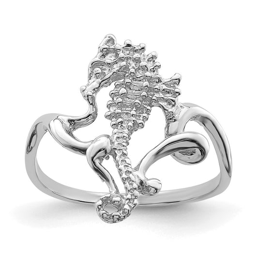 14K White Gold Polished / Textured / 2-D Seahorse Ring (Size 7)