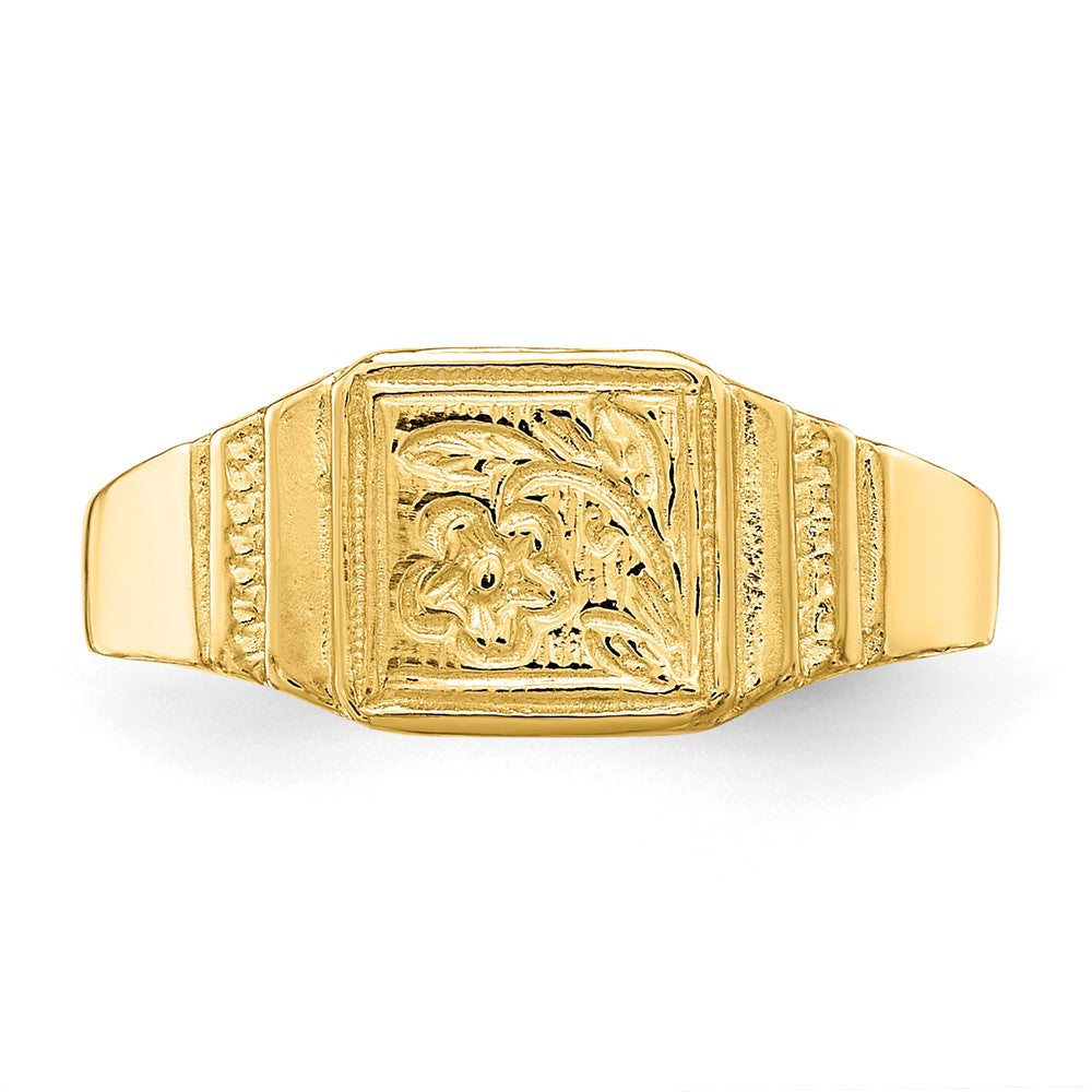 14k Yellow Gold Flower Engraved Square Baby Signet Ring