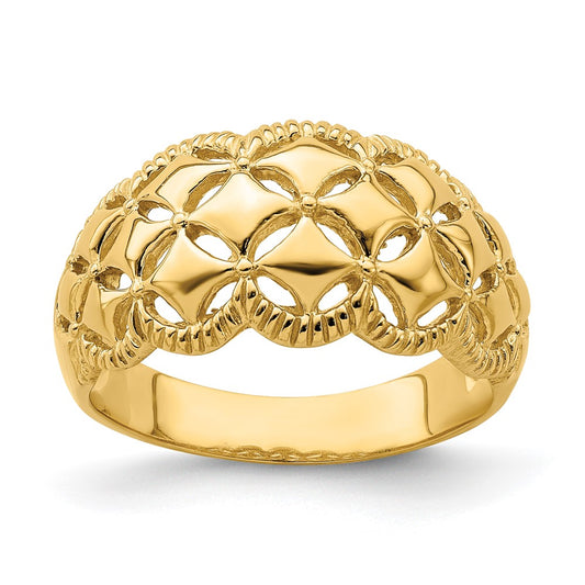 14K Yellow Gold Real Diamond Pattern w/ Scallop Edge Cut-Out Ring