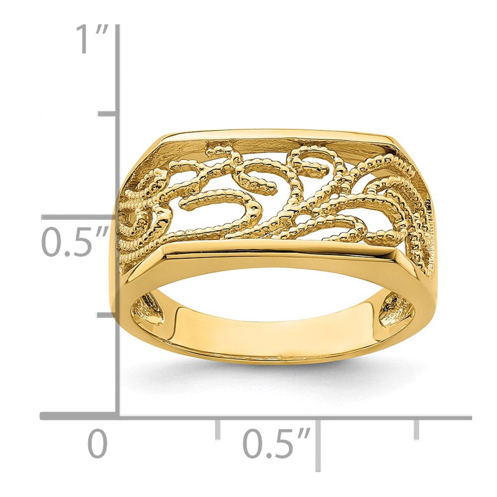 14K Yellow Gold Beaded Scroll Rectangular Dome Ring