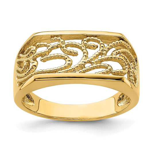 14K Yellow Gold Beaded Scroll Rectangular Dome Ring