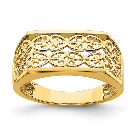 14K Yellow Gold Cut-Out Pattern Rectangular Dome Ring