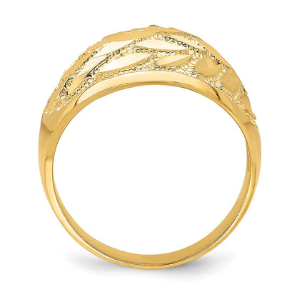 14K Yellow Gold Real Diamond Cut Leaf Design Dome Ring