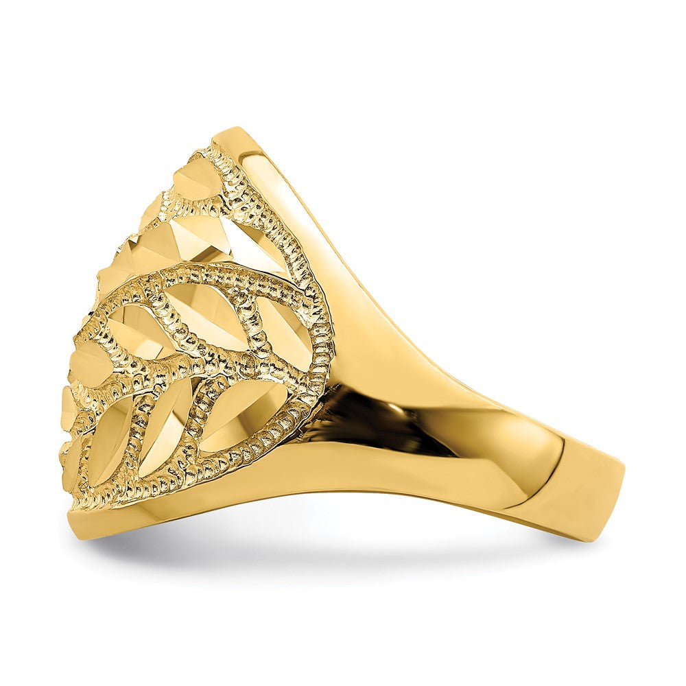 14K Yellow Gold Real Diamond Cut Leaf Design Dome Ring
