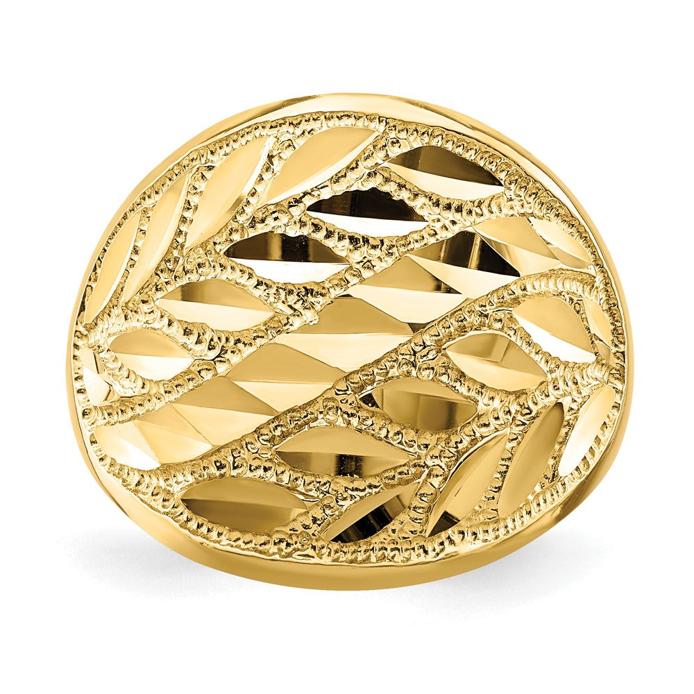 14K Yellow Gold Real Diamond Cut Leaf Design Dome Ring