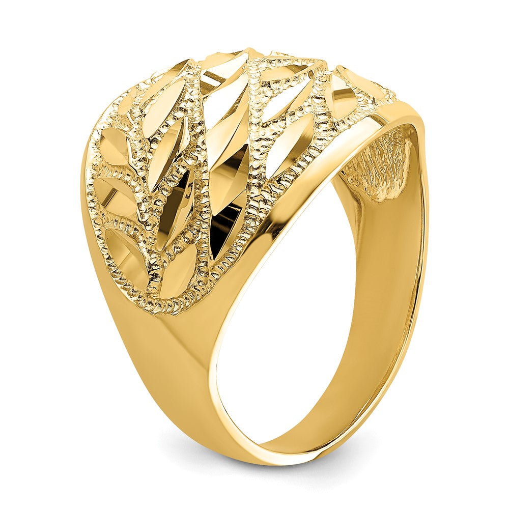 14K Yellow Gold Real Diamond Cut Leaf Design Dome Ring