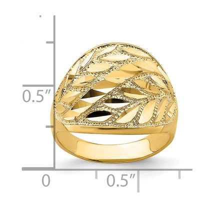 14K Yellow Gold Real Diamond Cut Leaf Design Dome Ring