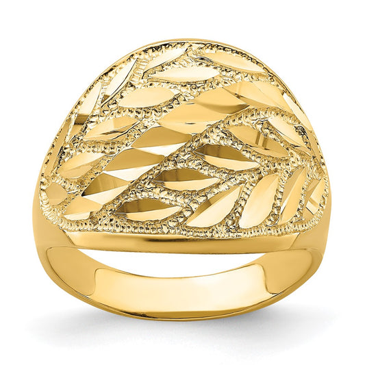 14K Yellow Gold Real Diamond Cut Leaf Design Dome Ring
