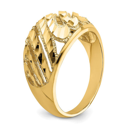 14K Yellow Gold Cut-Out D/C Striped Design Dome Ring