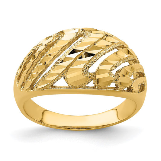 14K Yellow Gold Cut-Out D/C Striped Design Dome Ring