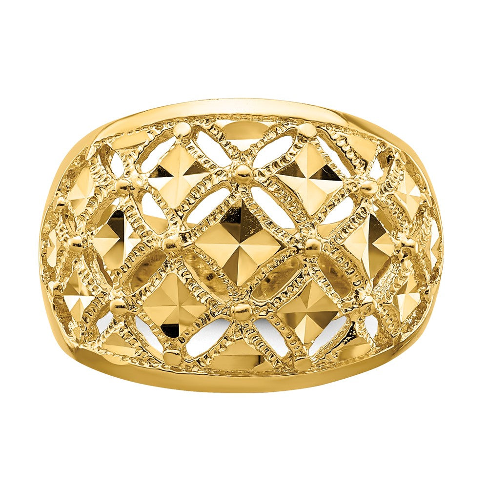 14K Yellow Gold D/C Real Diamond Pattern Dome Ring