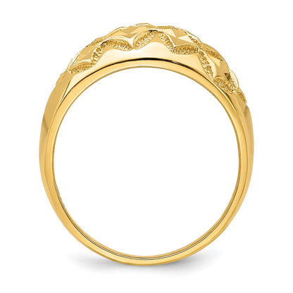 14K Yellow Gold D/C Real Diamond Pattern Solid Dome Ring