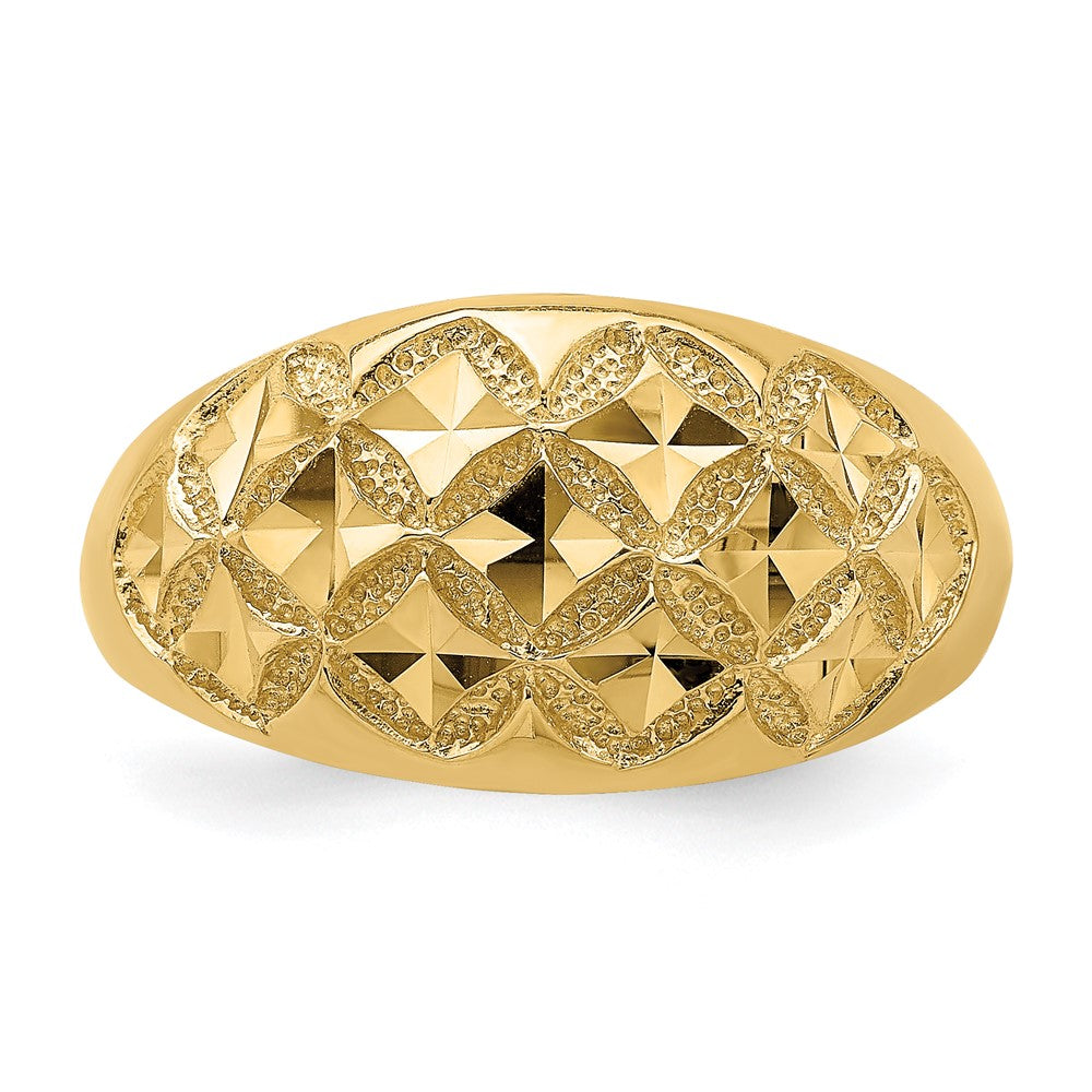 14K Yellow Gold D/C Real Diamond Pattern Solid Dome Ring