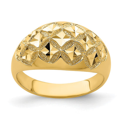 14K Yellow Gold D/C Real Diamond Pattern Solid Dome Ring