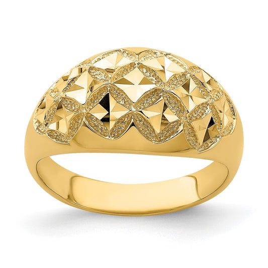 14K Yellow Gold D/C Real Diamond Pattern Solid Dome Ring