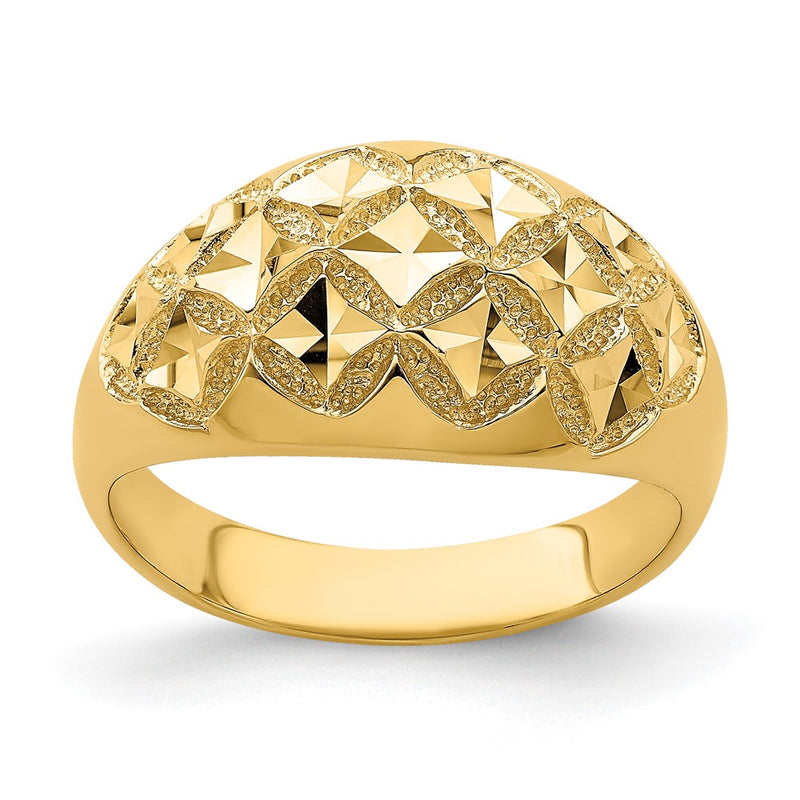 14K Yellow Gold D/C Real Diamond Pattern Solid Dome Ring