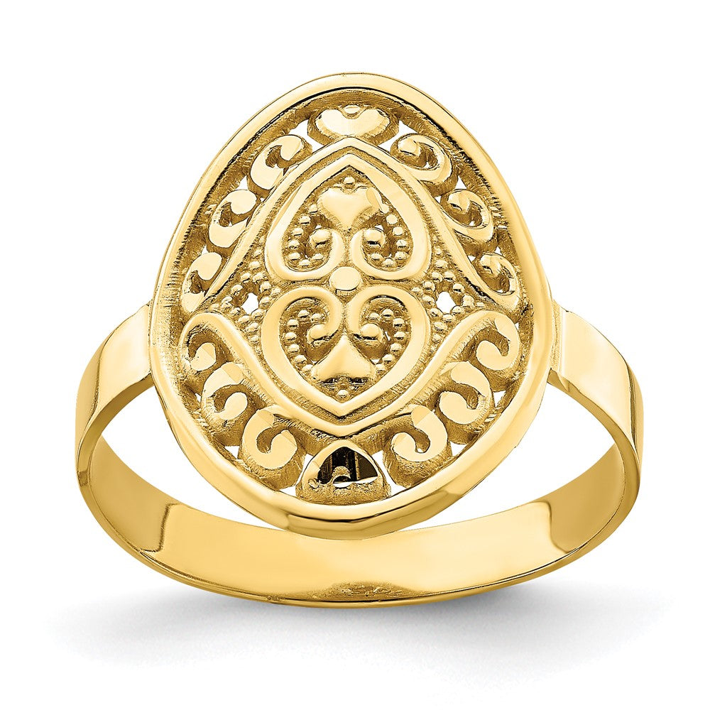 14K Yellow Gold Oval Shield w/ Double Hearts Ring