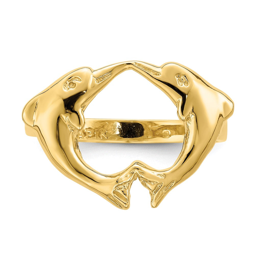 14K Yellow Gold Polished Dolphins Heart Ring