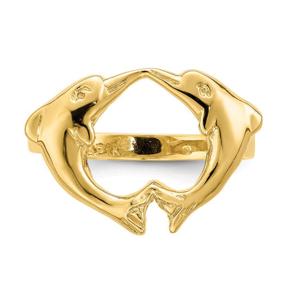 14K Yellow Gold Polished Dolphins Heart Ring