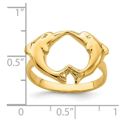 14K Yellow Gold Polished Dolphins Heart Ring