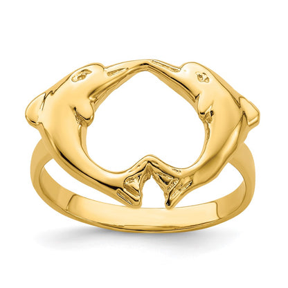 14K Yellow Gold Polished Dolphins Heart Ring