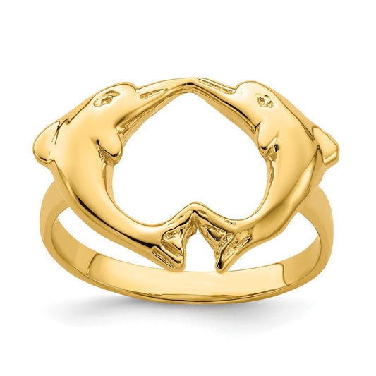 14K Yellow Gold Polished Dolphins Heart Ring
