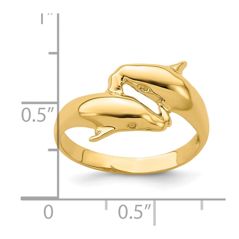 14K Yellow Gold Polished Double Dolphin Ring