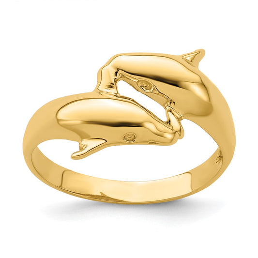 14K Yellow Gold Polished Double Dolphin Ring