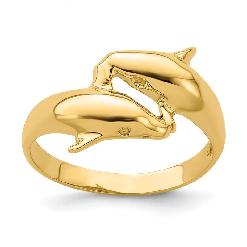 14K Yellow Gold Polished Double Dolphin Ring