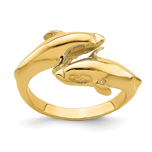 14K Yellow Gold Double Dolphins Ring