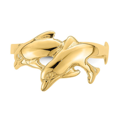 14K Yellow Gold Polished Double Dolphin Ring