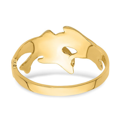 14K Yellow Gold Polished Double Dolphin Ring