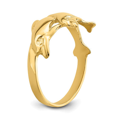 14K Yellow Gold Polished Double Dolphin Ring