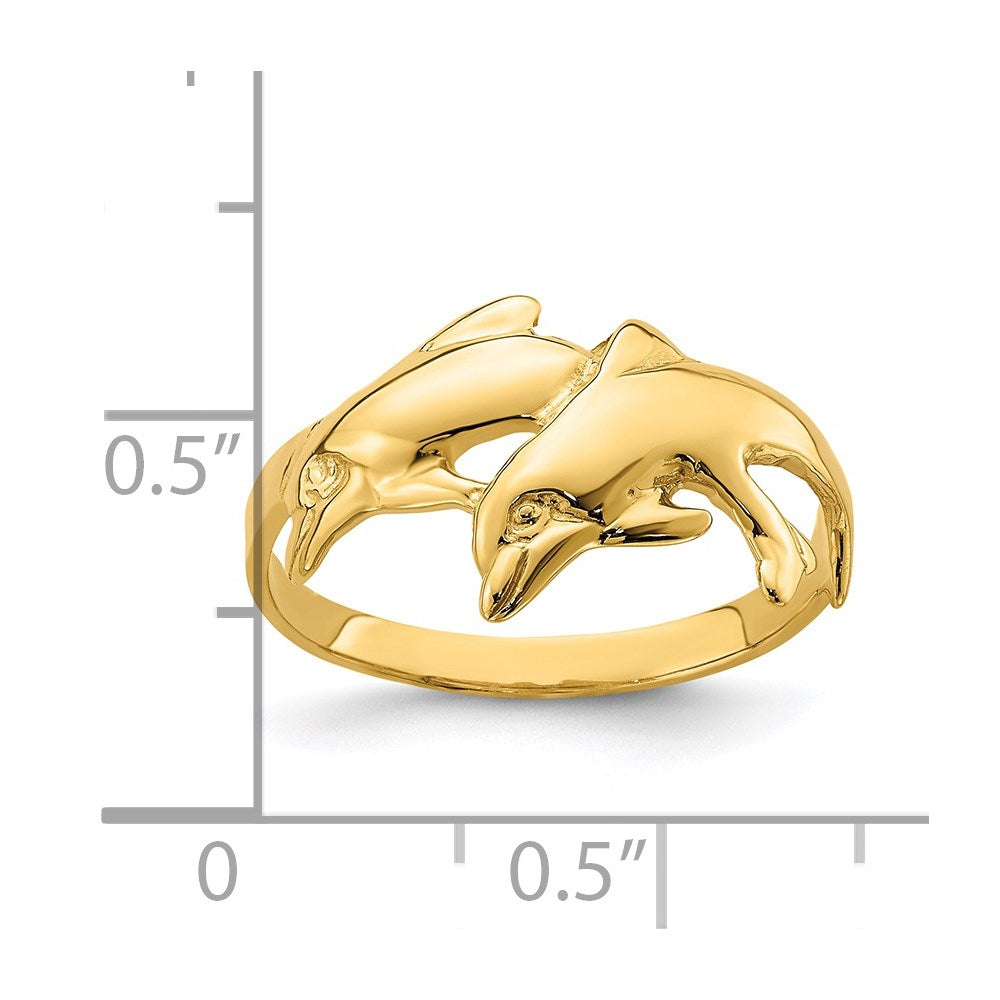 14K Yellow Gold Polished Double Dolphin Ring