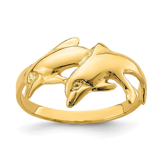 14K Yellow Gold Polished Double Dolphin Ring