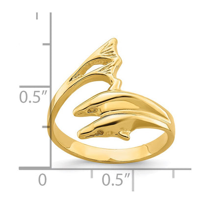 14K Yellow Gold Polished Double Dolphin Ring