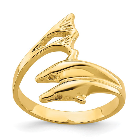 14K Yellow Gold Polished Double Dolphin Ring