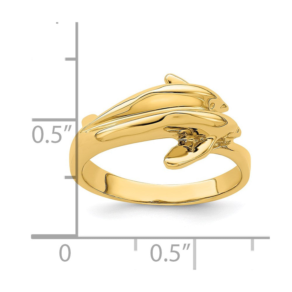 14K Yellow Gold Polished Double Dolphin Ring