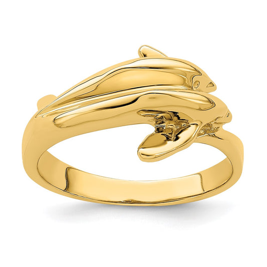 14K Yellow Gold Polished Double Dolphin Ring