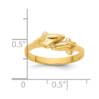14K Yellow Gold Polished Two Dolphin Adjustable Ring