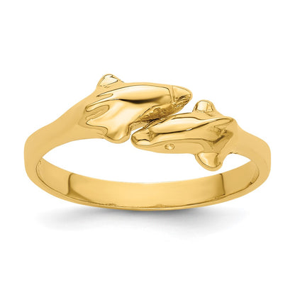 14K Yellow Gold Polished Two Dolphin Adjustable Ring