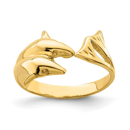 14K Yellow Gold Polished Double Dolphin Ring