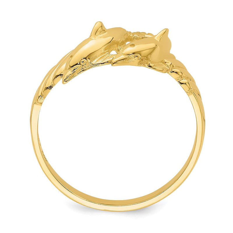 14K Yellow Gold Polished Two Dolphins w/ Ribbed Edge Ring
