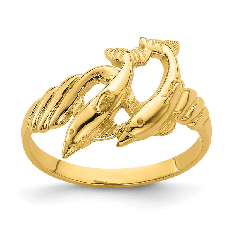 14K Yellow Gold Polished Two Dolphins w/ Ribbed Edge Ring