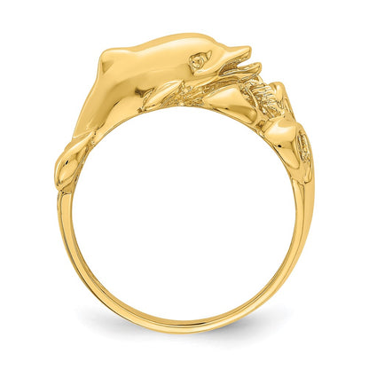 14K Yellow Gold Polished Dolphin Swimming Into Waves Ring