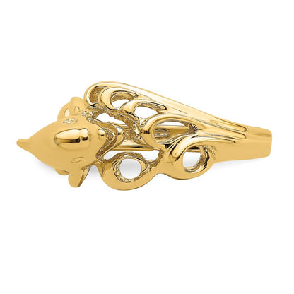 14K Yellow Gold Polished Dolphin Swimming Into Waves Ring