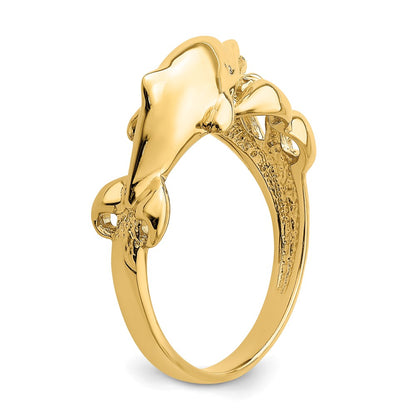 14K Yellow Gold Polished Dolphin Swimming Into Waves Ring