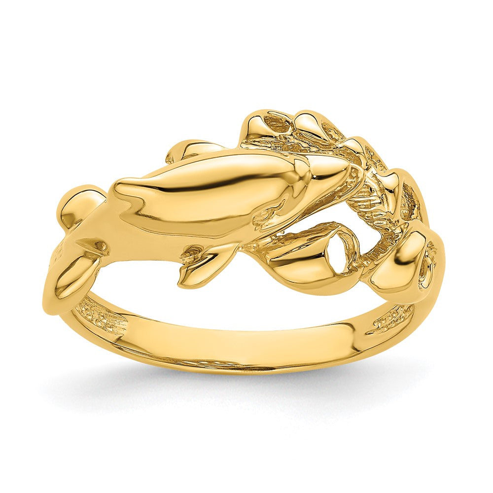 14K Yellow Gold Polished Dolphin Swimming Into Waves Ring