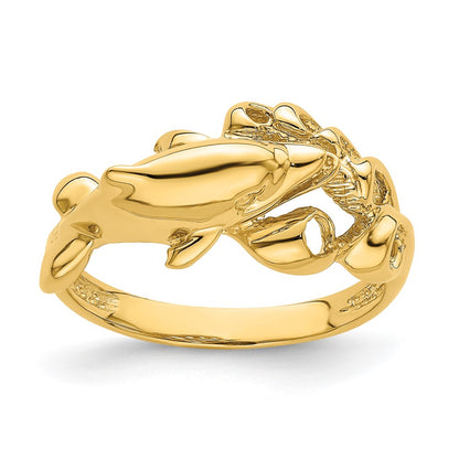 14K Yellow Gold Polished Dolphin Swimming Into Waves Ring